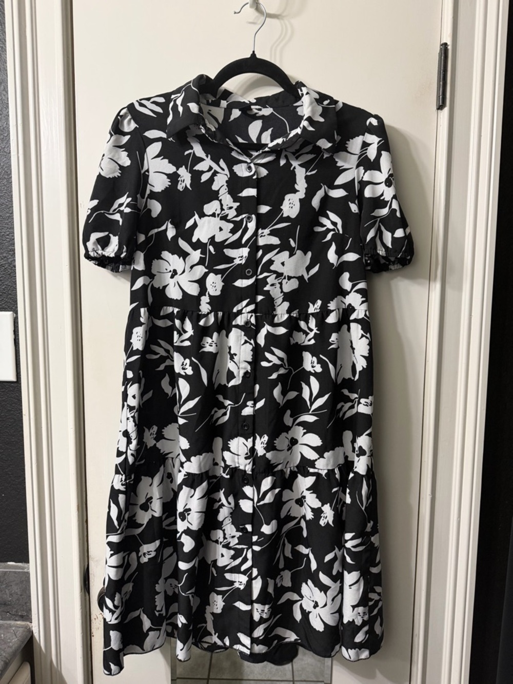 SHEIN Black and White Floral Button-Front Midi Dress